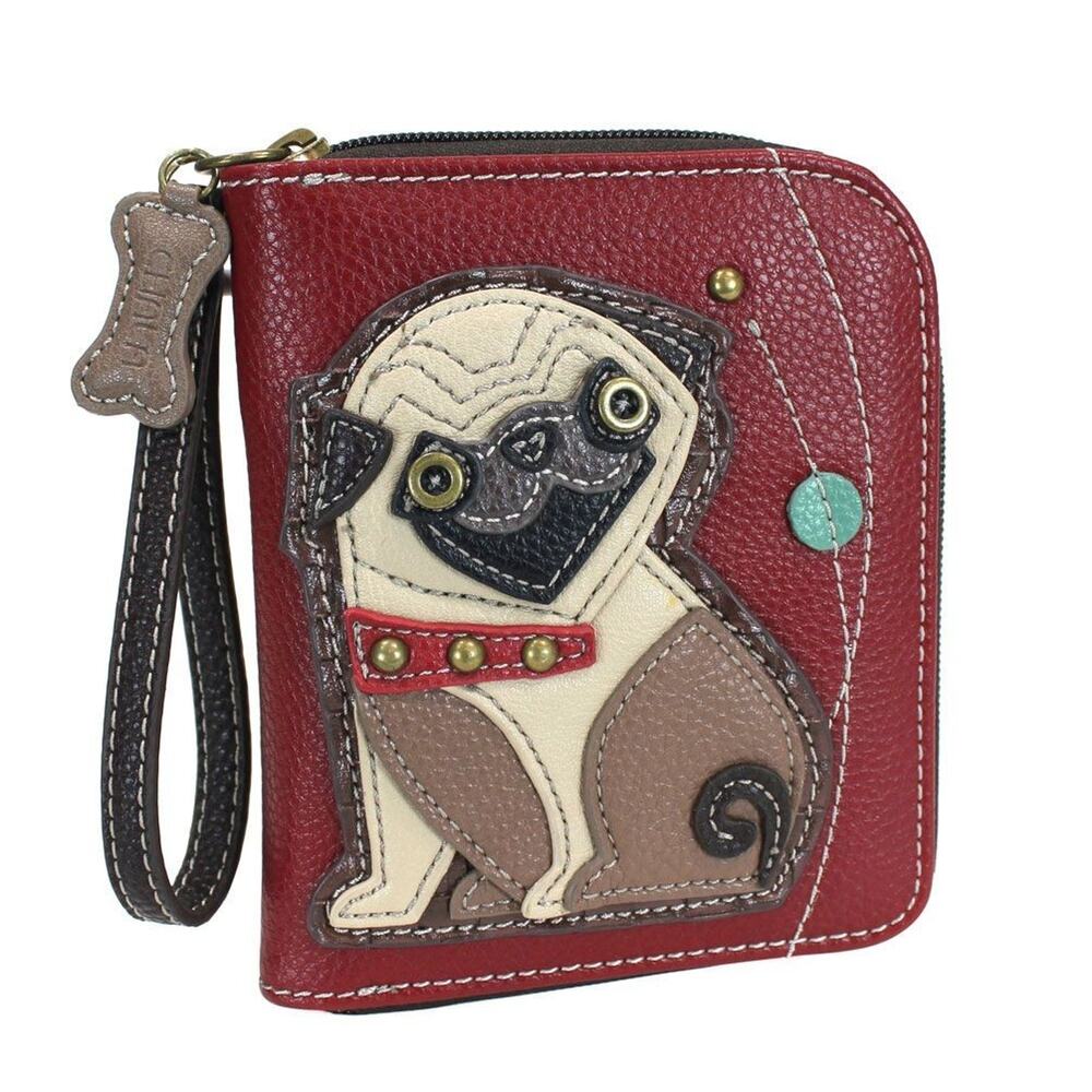 Chala Faux Leather Zip Credit Card Wallet Wristlet - Pug, Burgundy NWT